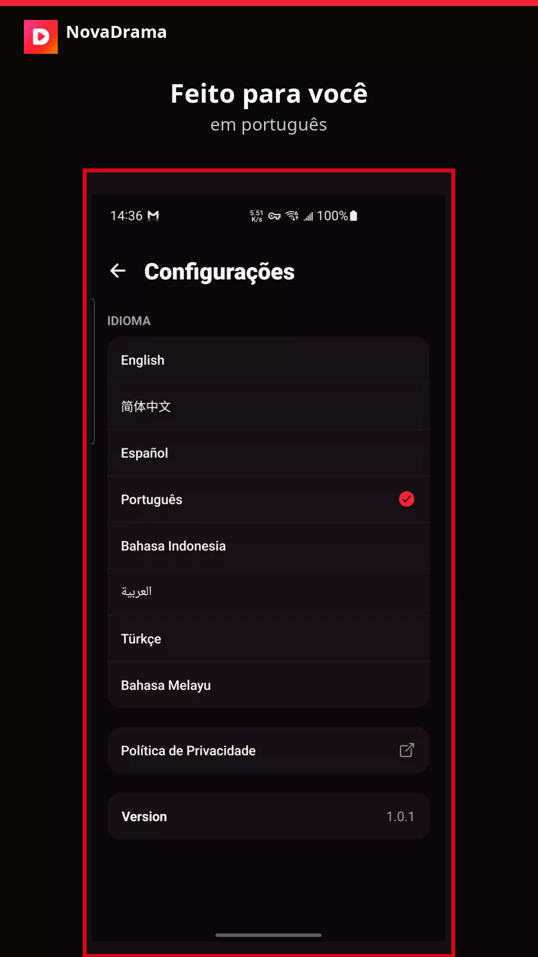 Configurações em português do NovaDrama