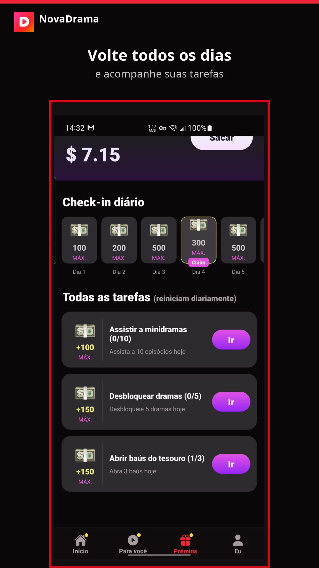 Tela de tarefas diárias do NovaDrama